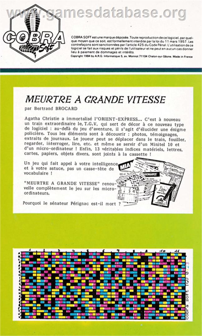 Meurtre A Grande Vitesse - Amstrad CPC - Artwork - Box Back